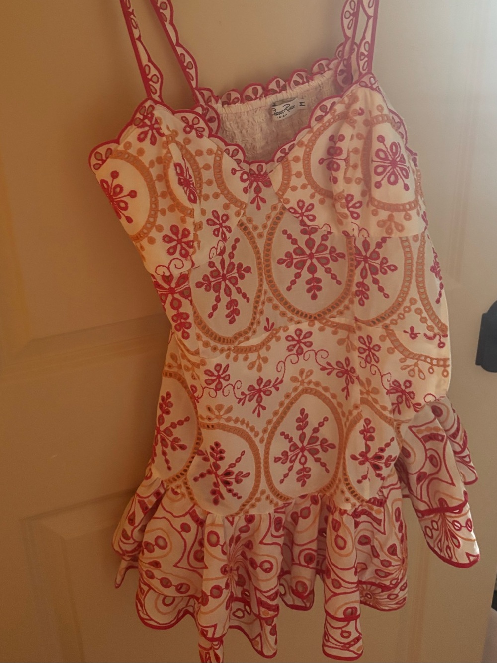 Charo Ruiz Ibiza Embroidered Cream Sundress with Pink Trim